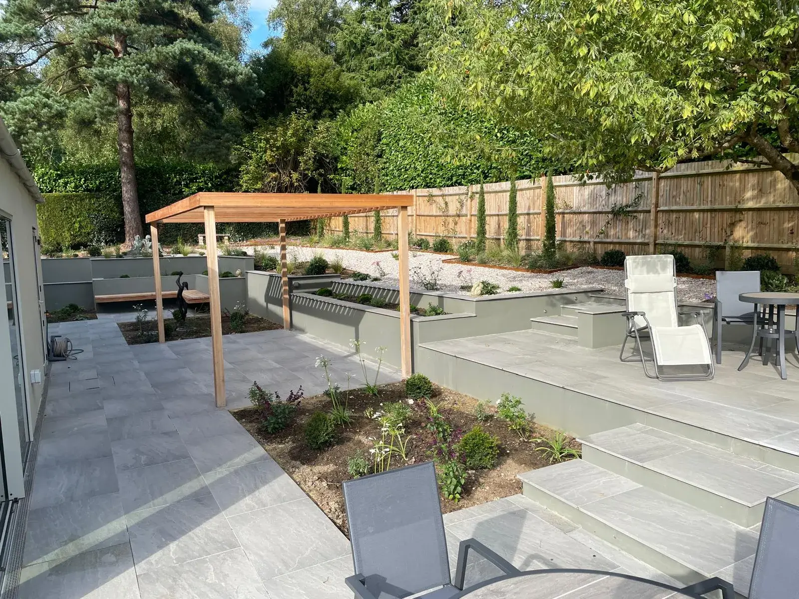 A backyard with a patio and seating area.